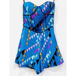 Size 2- MARA HOFFMAN Blue & Multi Silk Geometric Strapless Romper - Retail: $400